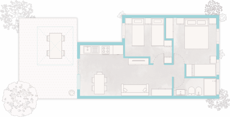 Piantina della Villetta Lux del Park Gallanti con due camere, soggiorno, cucina, bagno e veranda esterna.