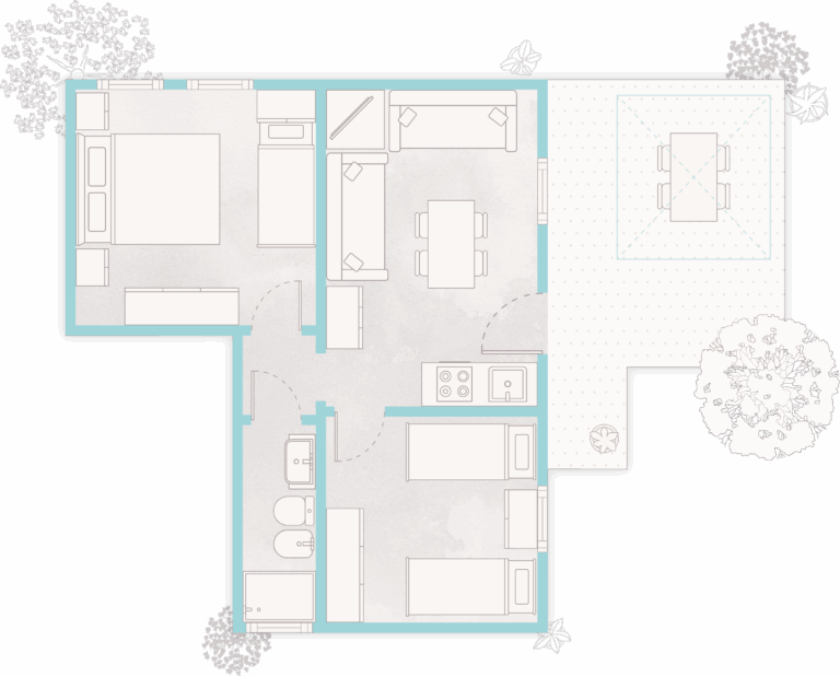 Piantina del Bungalow Comfort con due camere, soggiorno con cucina e veranda esterna nel villaggio Lido di Pomposa