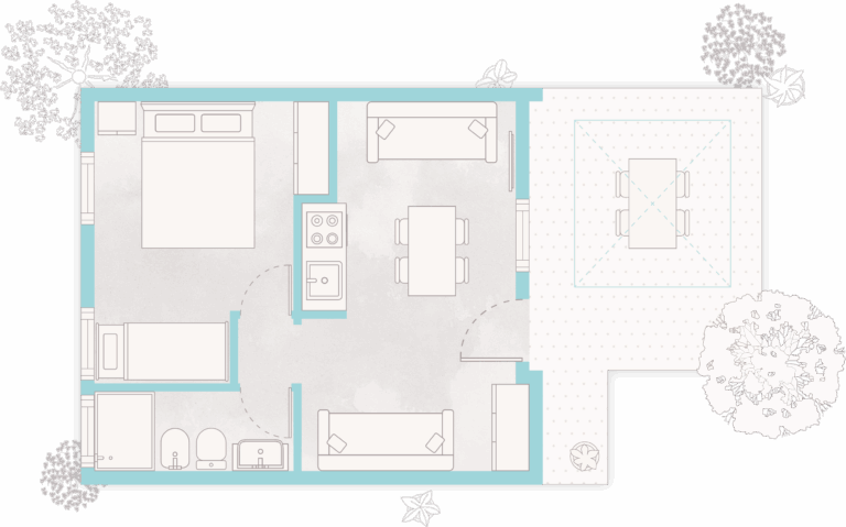 Piantina del Bungalow Mare con camera, soggiorno con cucina, bagno e veranda esterna nel villaggio Lido di Pomposa.