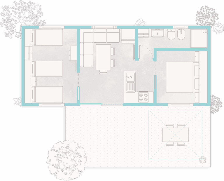 Piantina dello Chalet Living al villaggio Lido di Pomposa con due camere, soggiorno, cucina, bagno e veranda esterna