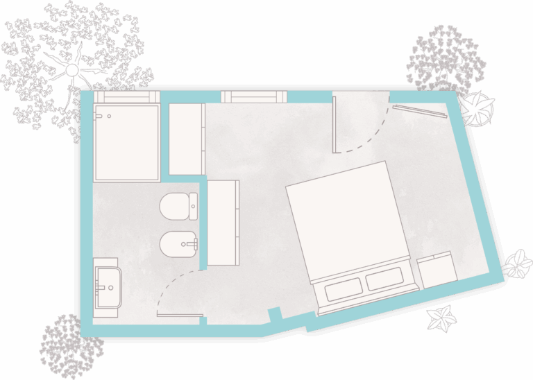 Piantina della camera doppia del villaggio Lido di Pomposa con letto matrimoniale e bagno privato.