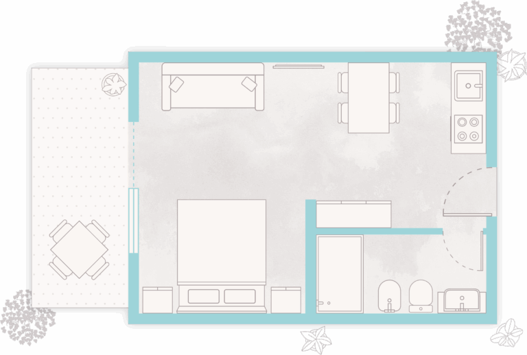 Grundriss des Studio Comfort mit Doppelbett, Küche, Bad und Terrasse im Feriendorf Lido di Pomposa.