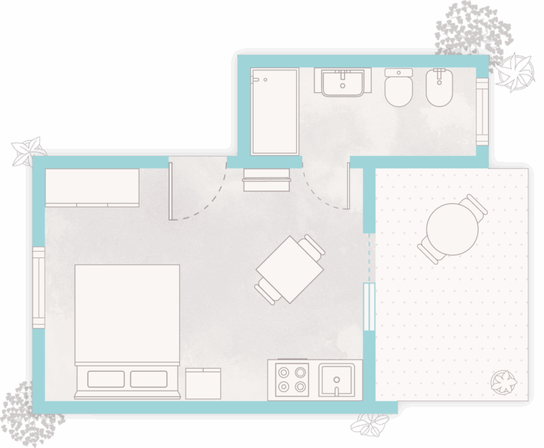 Grundriss des Studio Mare mit Schlafbereich, Kochnische, Bad und Terrasse im Feriendorf Lido di Pomposa.